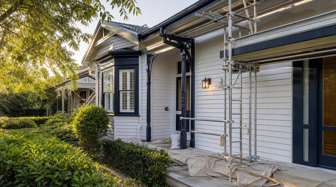 Heritage weatherboard home exterior during a premium repaint